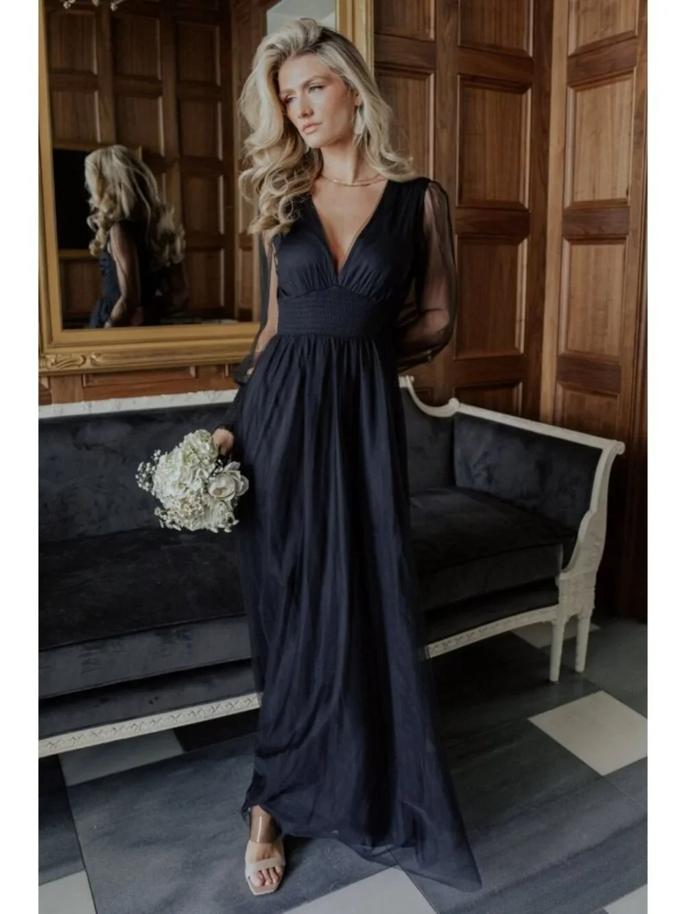 NEW Baltic Born Size Medium Black Tulle Maxi Dress Long Sleeve - Picture 2 of 14